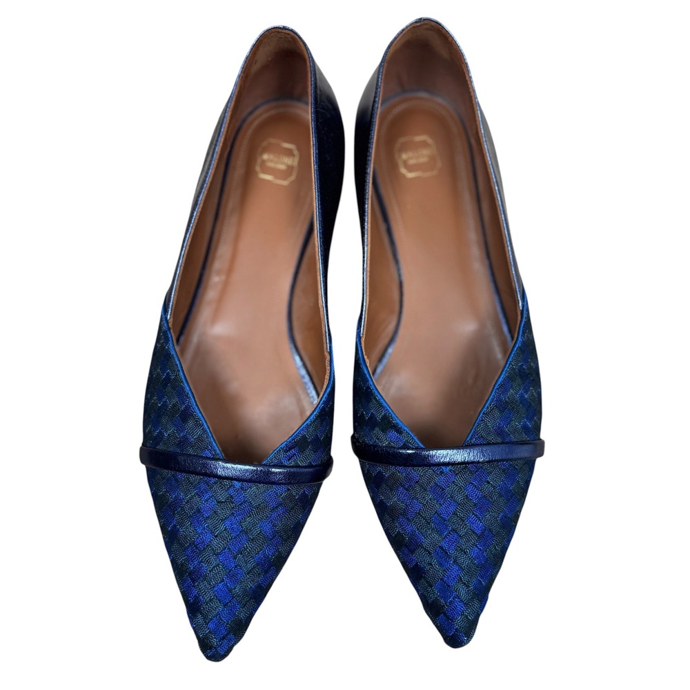 Malone Souliers Pointed Toe Flats Womens 40 Navy Blue Woven Leather Italian Made